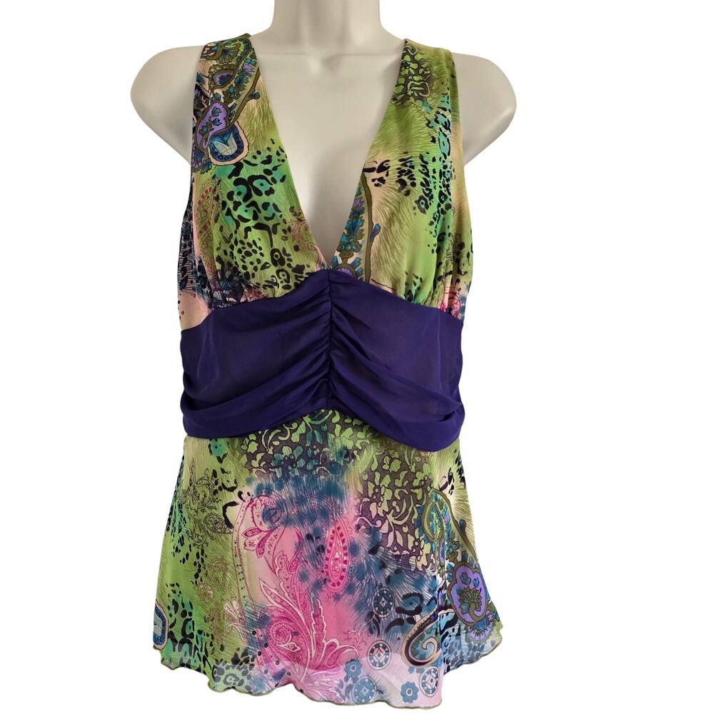 Bisou Bisou Y2K Fairy Babydoll Sleeveless Top-Sz 12 Floral Paisley Green Whimsy
